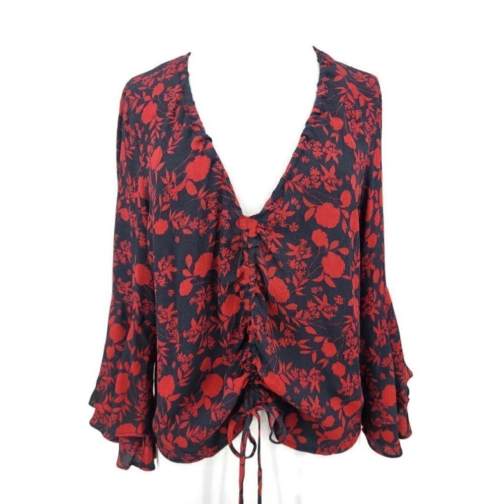 New Flynn Skye Kirsty Blouse Womens L Blooms at Dawn Black Red Floral Rayon